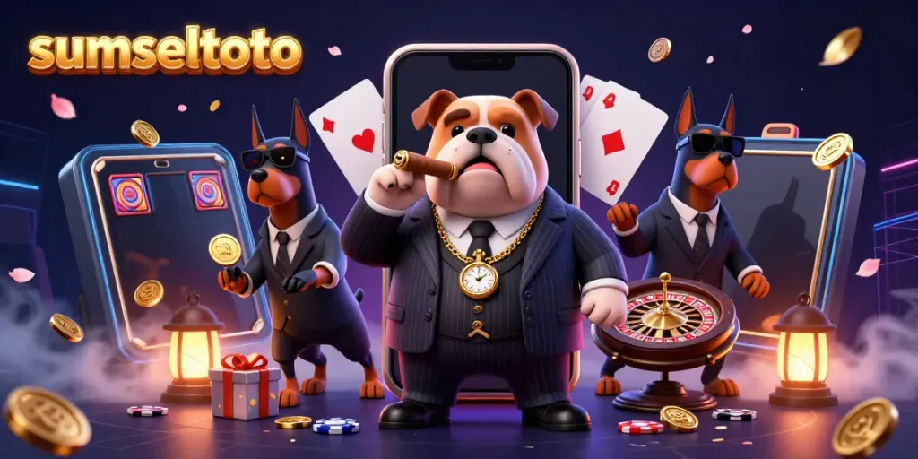 Experience thrilling gameplay with sumseltoto, featuring a 3D mafia bulldog in a lively casino setting.