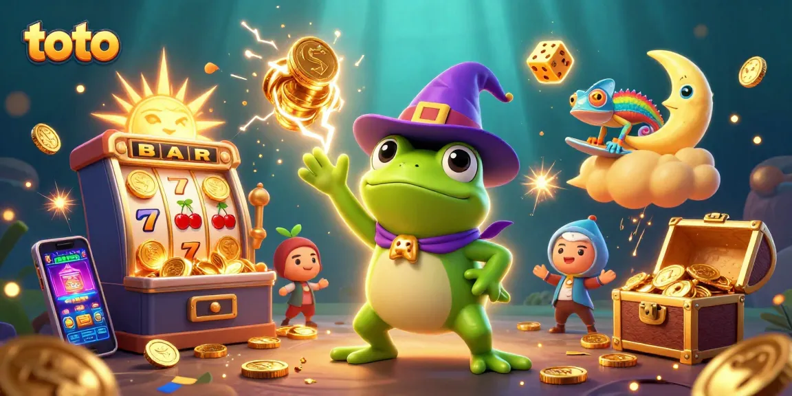 Toto jackpot explosion illustration with golden coins, slot machines, and vibrant casino elements.