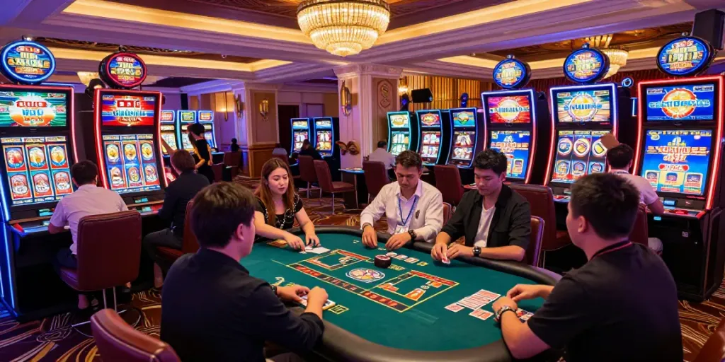 Players enjoying games at the 2up casino, featuring vibrant neon lights and a luxurious atmosphere.