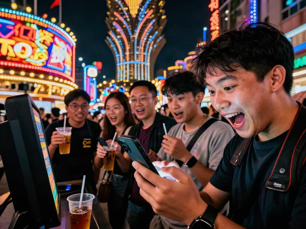 Aktivitas seru di bandar Toto Macau saat memeriksa hasil terbaru dengan teman-teman di latar belakang kota yang cerah.