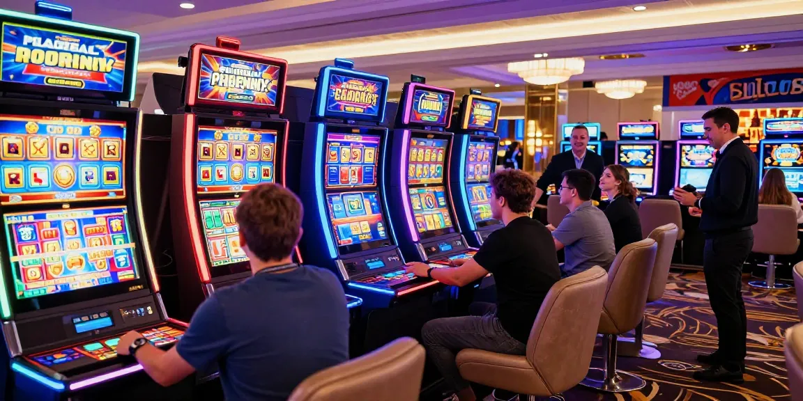 Slot machines in a vibrant casino setting with excited players celebrating wins.