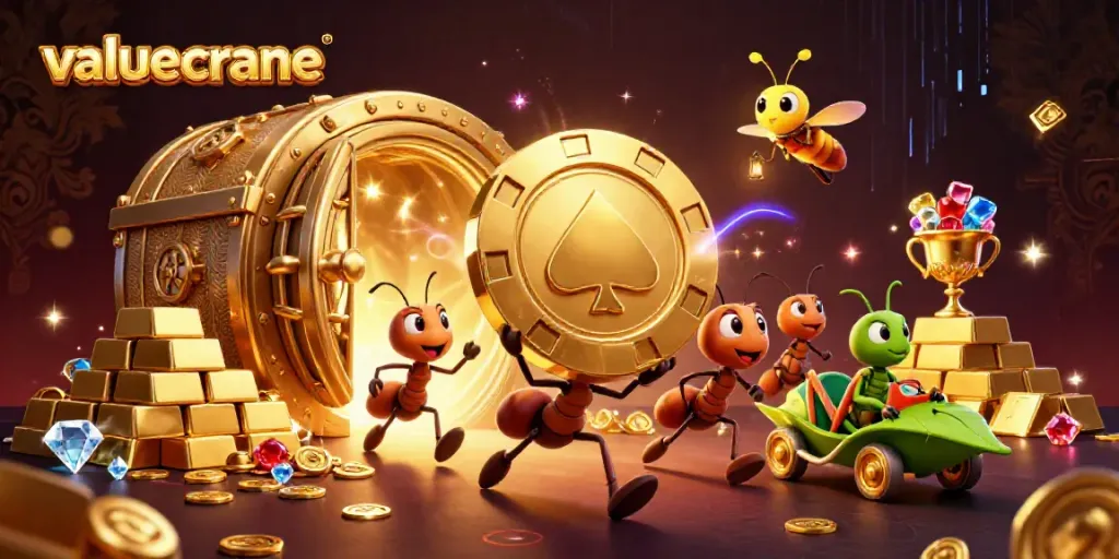 Ant beraksi membawa chip poker emas berukuran raksasa sambil dikelilingi harta kasino, valuecrane.
