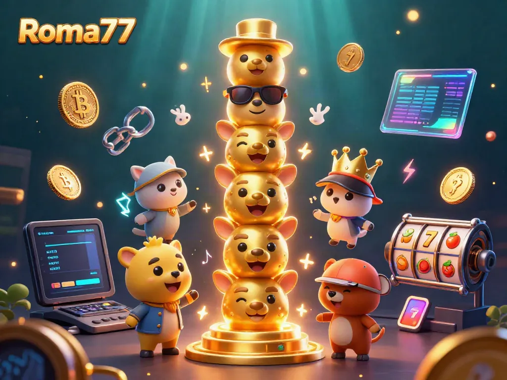 Experience the excitement of Roma77 with vibrant slot elements and a golden totem in a dynamic casino scene.