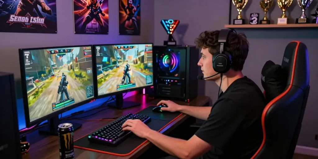 Gamer terfokus dalam permainan sniperslot dengan perangkat canggih, suasana gaming yang intens.
