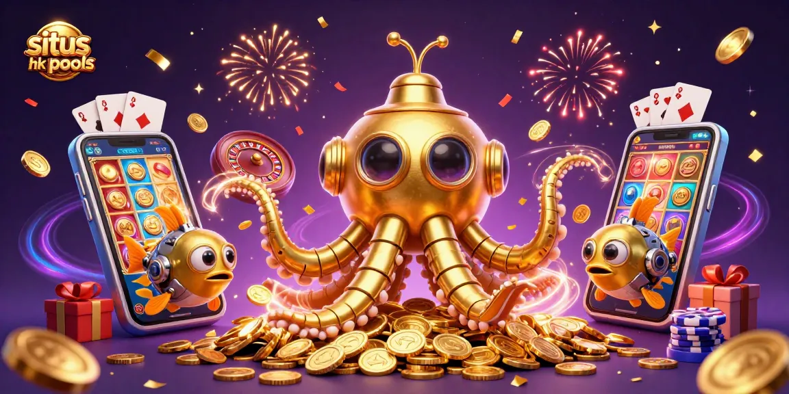 Situasi situs hk pools dengan mesin slot, koin emas, dan suasana meriah permainan.
