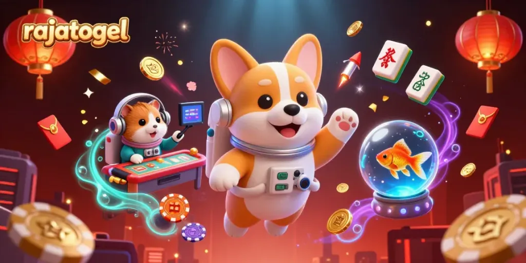 Join the fun at rajatogel with a vibrant space casino scene featuring animated characters and gambling elements.