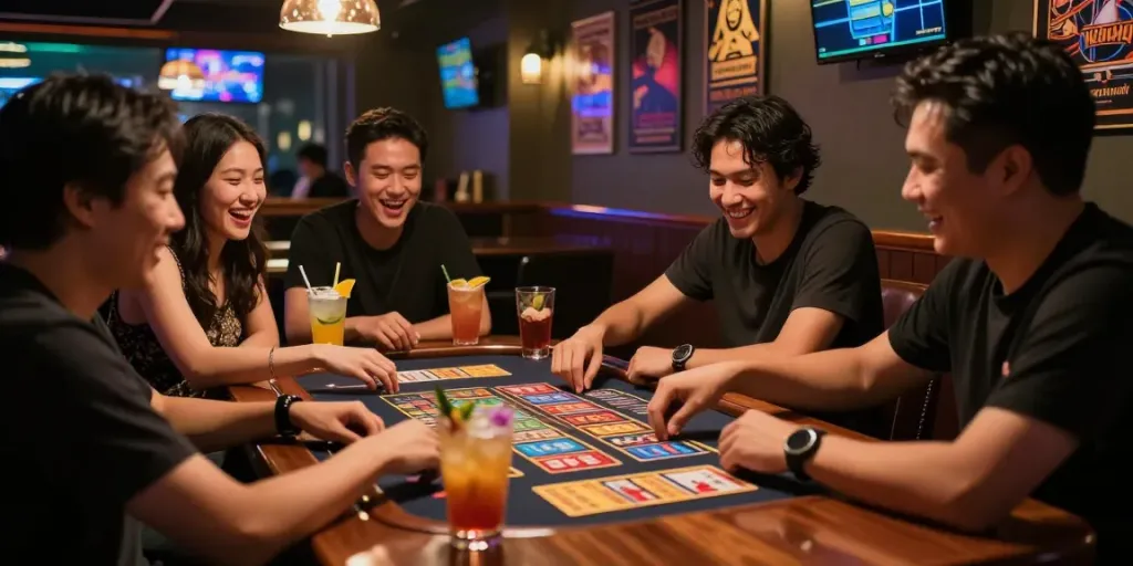 Players enjoying Bandar Togel 4D at a lively urban lounge, surrounded by vibrant decor and cheerful ambiance.