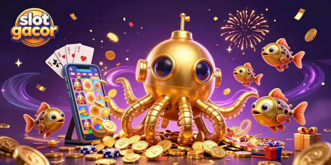 Experience thrilling slot gacor action with a golden kraken submarine amidst golden coins.