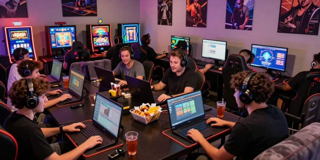 Players enjoying Seributoto online gaming in a vibrant lounge.