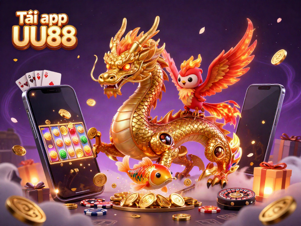 Engage with the excitement of Tải app UU88, featuring a golden dragon, phoenix, and koi fish amidst dynamic casino elements.