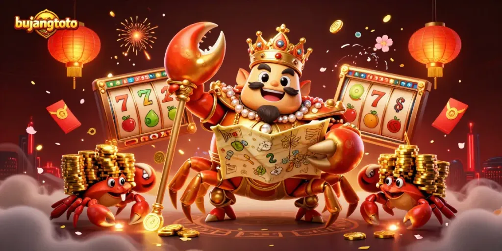 Experience thrilling games at Bujangtoto with the Golden Crab Emperor and vibrant casino elements.