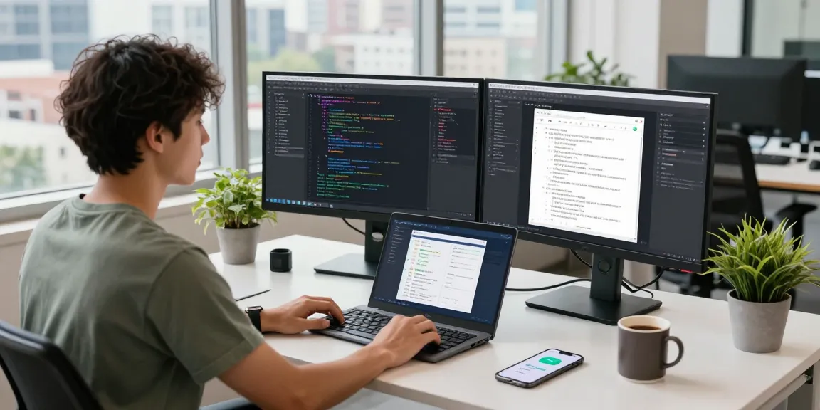 Gambar pengembang perangkat lunak menggunakan UE99 di lingkungan kantor modern.