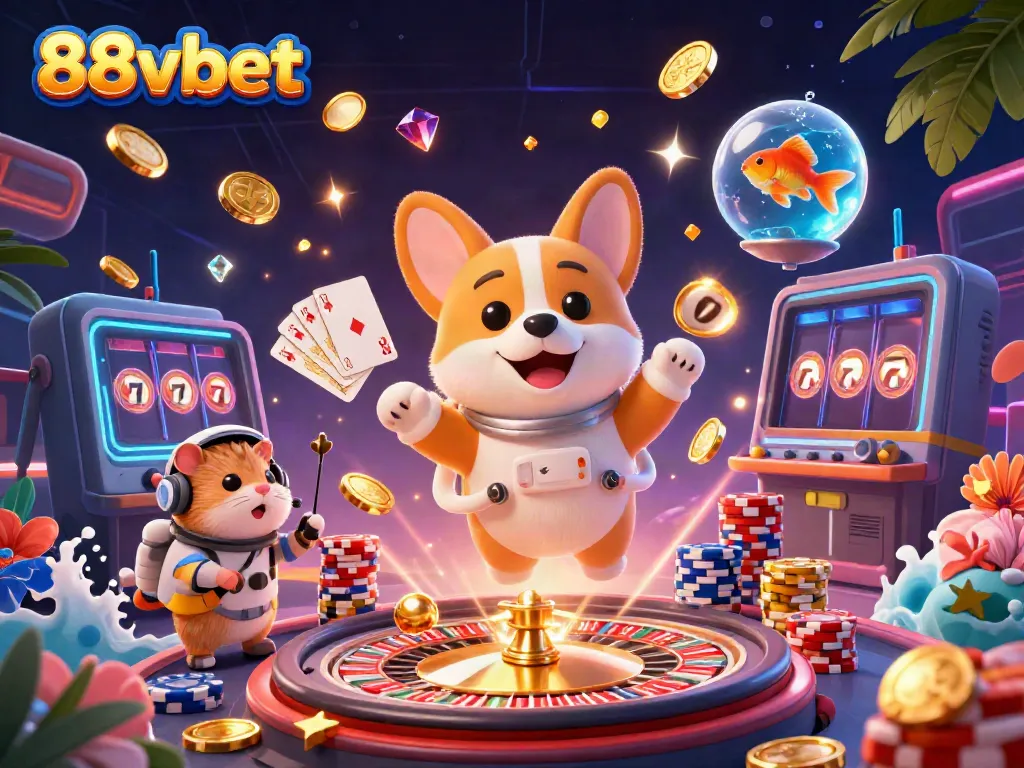Play thrilling games at 88vbet with the cheerful astronaut corgi in a fun casino setting.