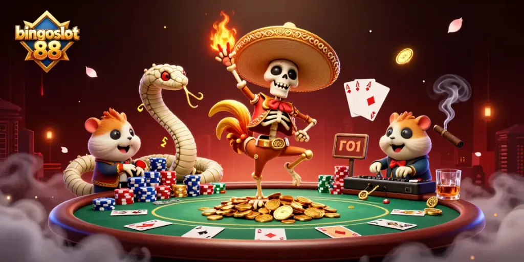 Bermain bingoslot 88 bersama karakter unik, seperti malaikat mariachi dan zombie hamster, di dunia kasino penuh warna.