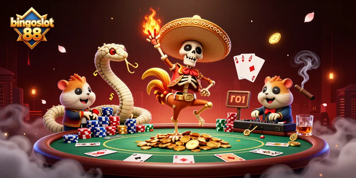 Bermain bingoslot 88 bersama karakter unik, seperti malaikat mariachi dan zombie hamster, di dunia kasino penuh warna.