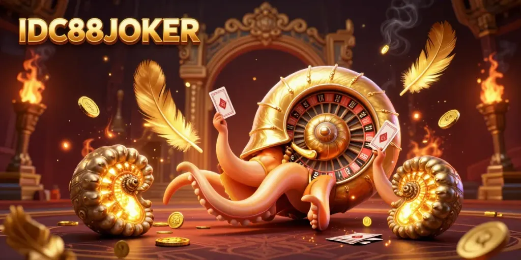 Experience the excitement of spinning the IDC88JOKER roulette wheel with glowing nautilus and golden treasures.