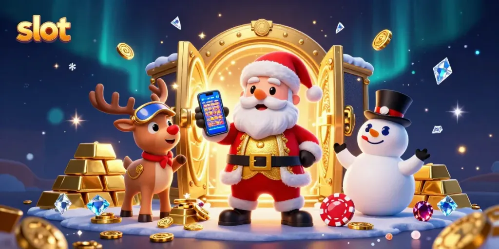 Memenangkan slot jackpot dengan karakter kasino Santa 3D dan teman-teman, dikelilingi oleh harta karun berkilau.