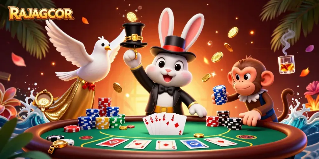 Menangkan jackpot di RAJAGACOR dengan ilustrasi magis yang penuh koin emas dan chip poker.