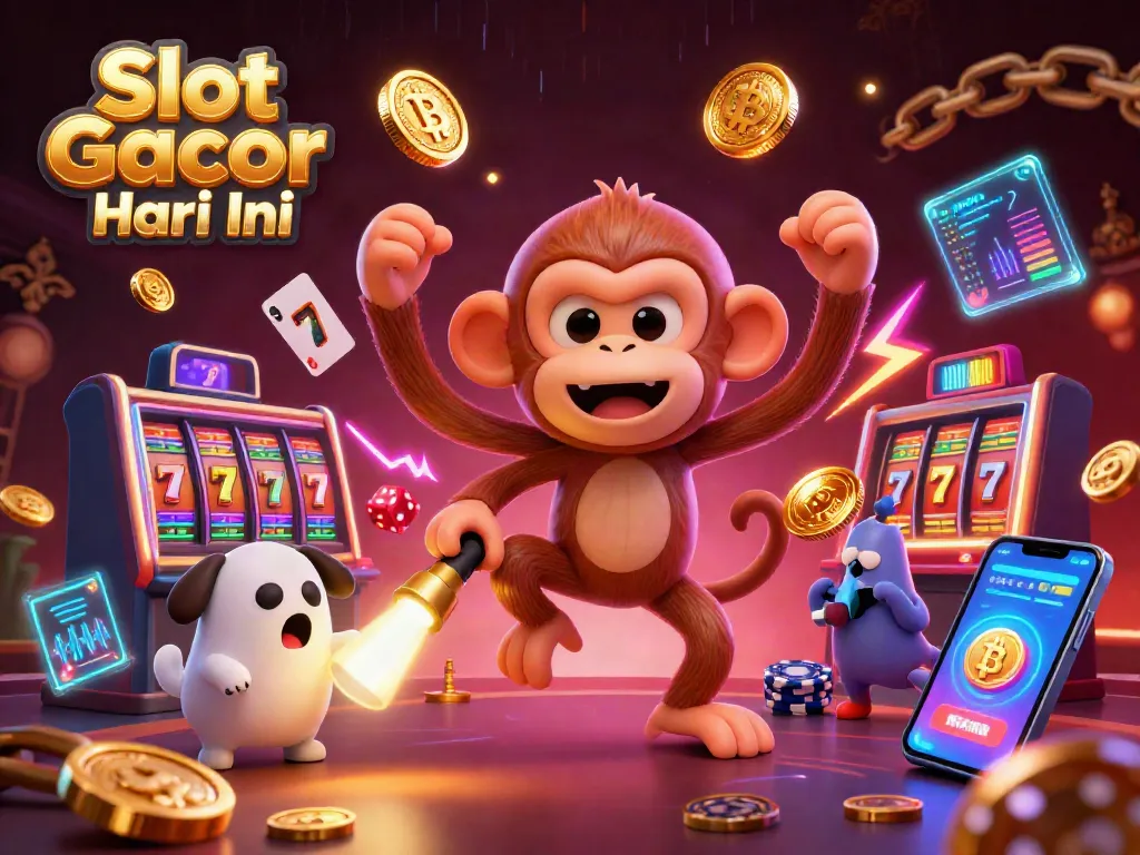Engage with Slot Gacor Hari Ini featuring a poltergeist monkey and ghost-hunter puppy amidst a dynamic casino.