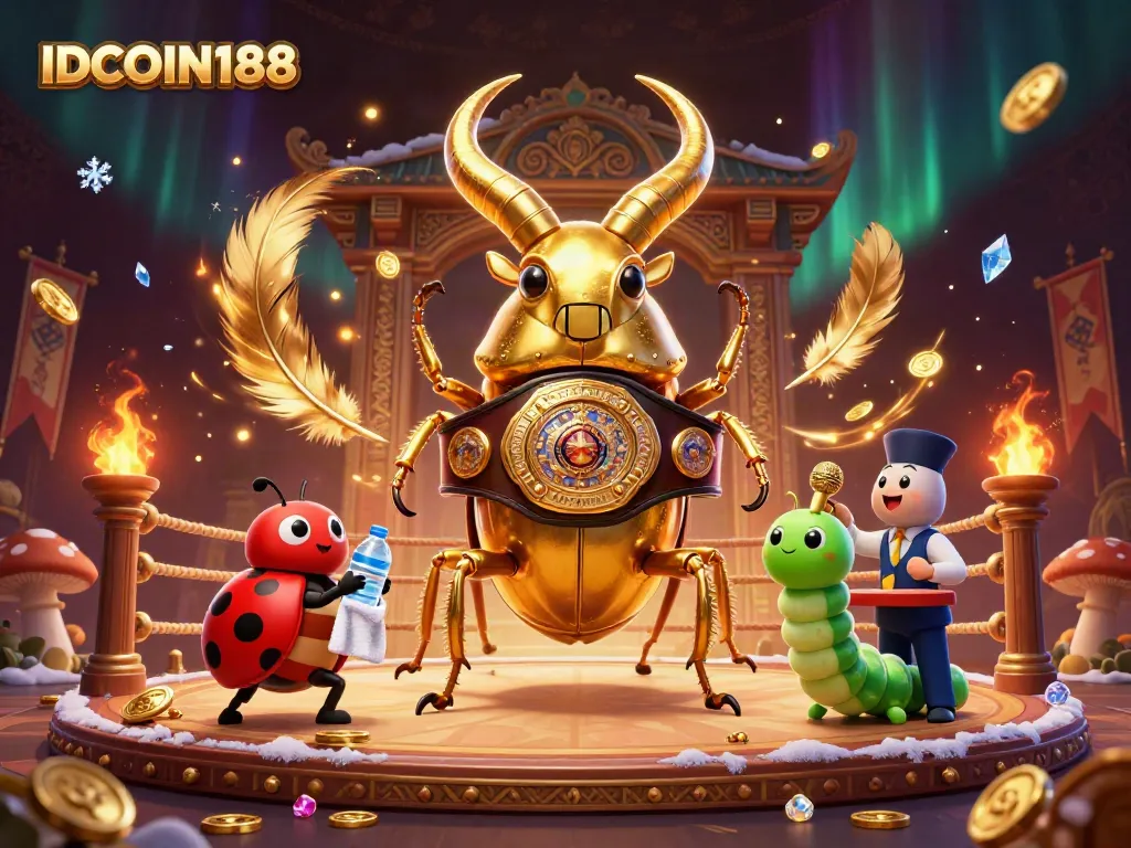 IDCOIN188 users engage in dynamic gaming with golden stag beetle as champion, playing amidst vibrant casino elements.