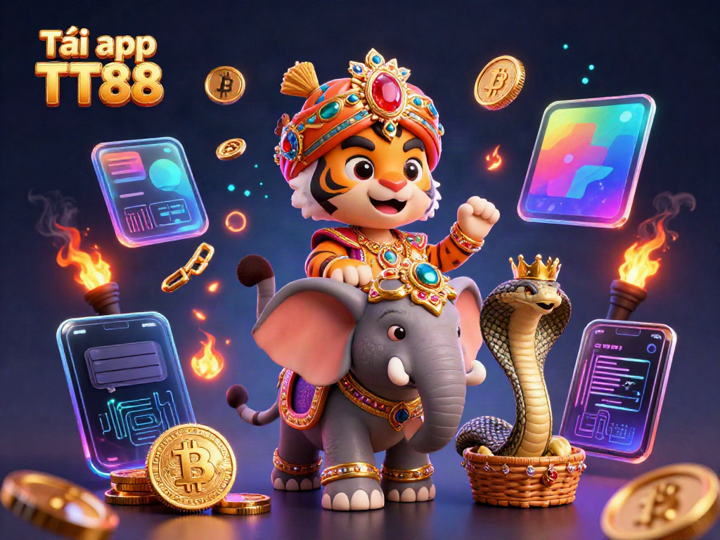 Engage with the vibrant 3D scene showcasing Tải app TT88 amidst a lively casino atmosphere filled with gold coins and crypto elements.