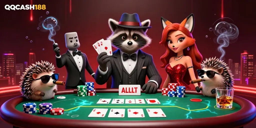 Engage with QQCASH188 at a vibrant poker night featuring fun characters and casino elements.