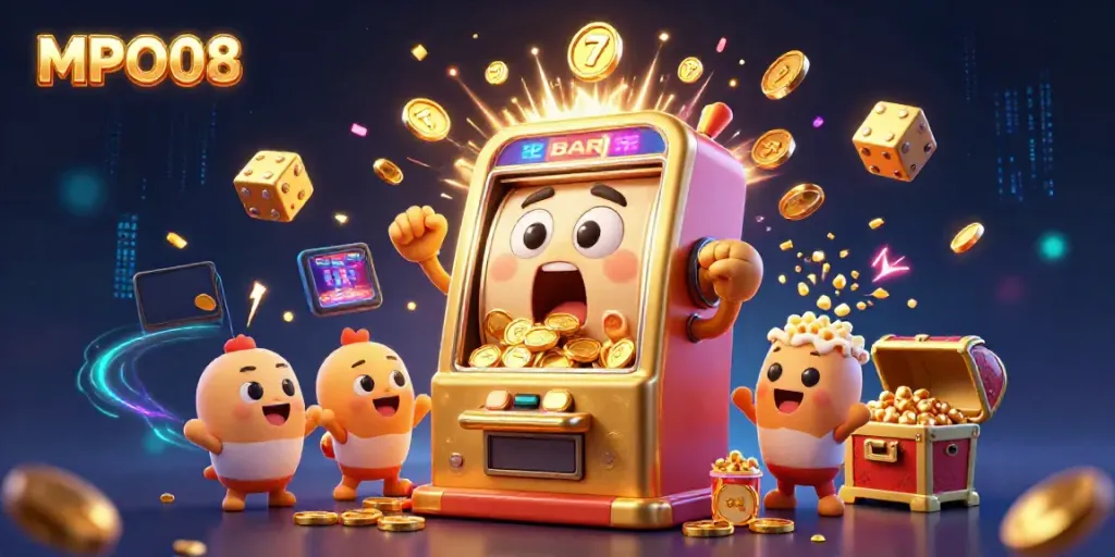 MPO08 jackpot winning scene with vibrant slot machines, coins exploding, and popcorn machine cheerfully tossing kernels.