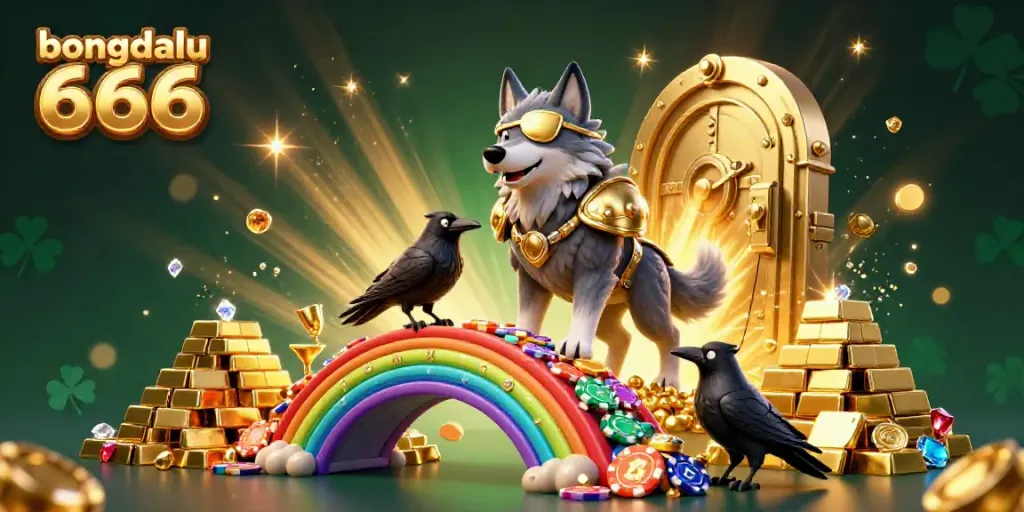 Bongdalu 666 showcases a Norse-inspired wolf with ravens amidst a treasure-filled casino landscape.