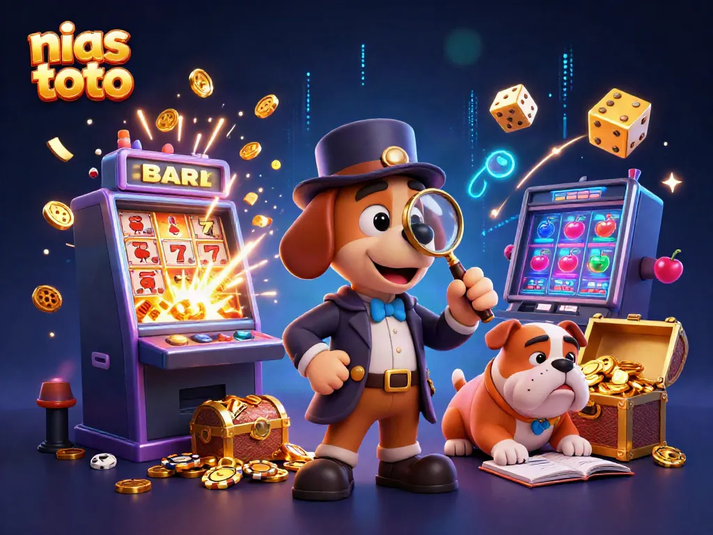 Ilustrasi karakter detektif anjing dengan chip poker emas saat memeriksa nias toto yang dikelilingi mesin slot 3D.