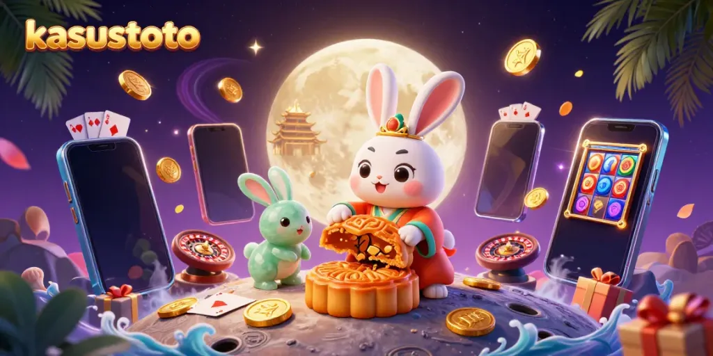 Menggali pengalaman bermain di kasustoto dengan ilustrasi imajinatif tentang kelinci bulan dan simbol slot.