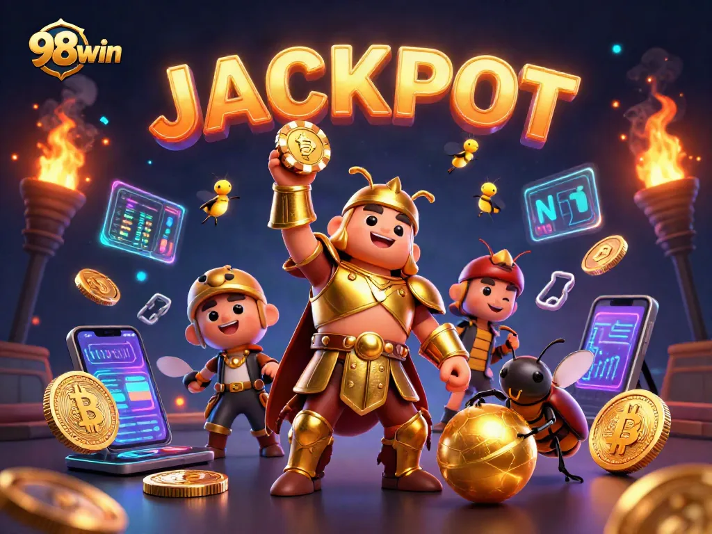 98win celebrates with a victorious hercules beetle amidst vibrant casino elements and glowing cryptocurrencies.