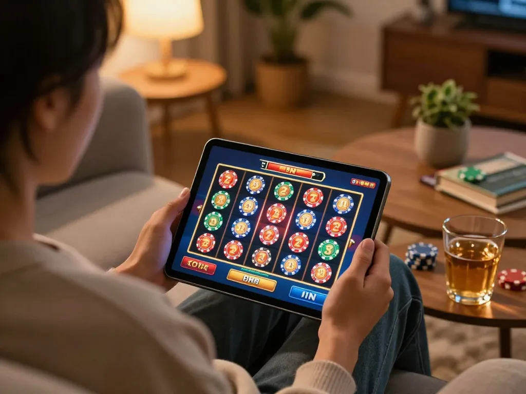 Engaging in a slot toto game on a tablet in a cozy home setting with warm lighting.