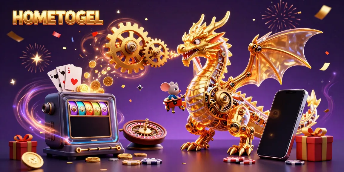Engage with the magic of HOMETOGEL in this vibrant scene featuring a golden dragon, slot games, and festive elements.