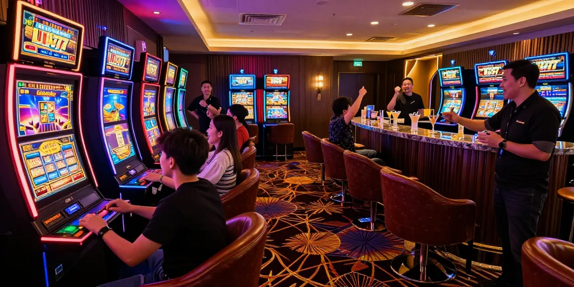 Ruang permainan mewah LUXURY777 dengan pemain antusias dan mesin slot modern.