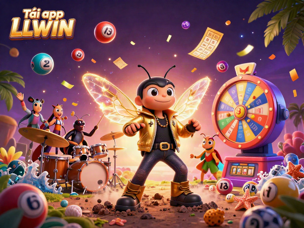 Experience Tải app LLWIN with this dynamic illustration featuring a rock star, vibrant lottery elements, and lush visuals.