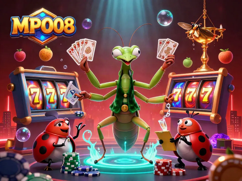 MPO08 showcases a lively 3D scene of a mantis card sharp and a ladybug pit boss, inviting gamblers to engage with vibrant slot game elements.