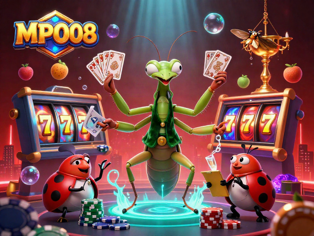 MPO08 showcases a lively 3D scene of a mantis card sharp and a ladybug pit boss, inviting gamblers to engage with vibrant slot game elements.