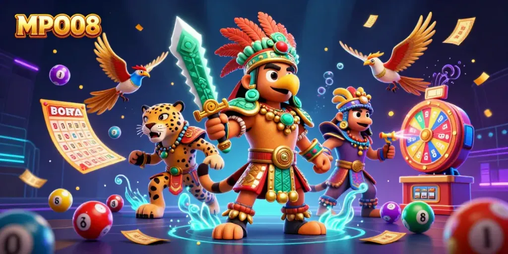 Engage with MPO08's vibrant gaming experience featuring dynamic lottery elements and Aztec warriors.