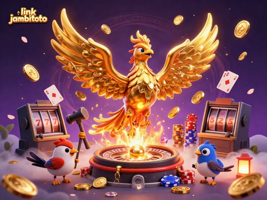 Enjoy thrilling gameplay with link jambitoto as golden coins and gems cascade in a vibrant casino scene.