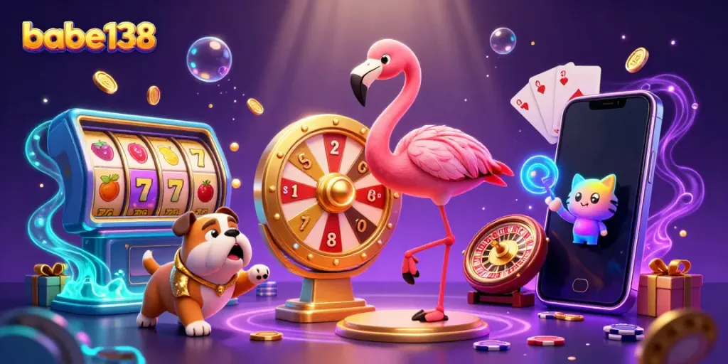 Babe138 menyajikan jackpot menggiurkan di tengah pameran slot modern dan karakter ceria.