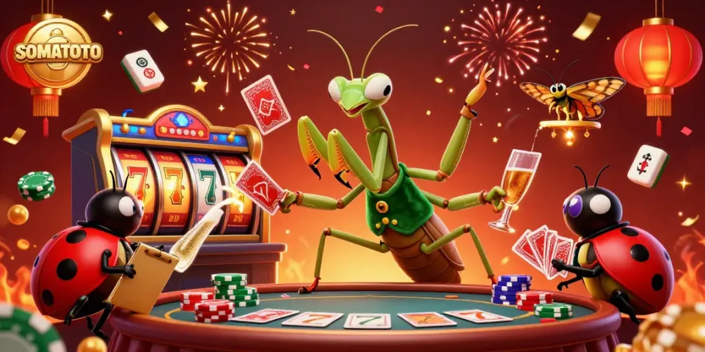 Experience thrilling moments with SOMATOTO's animated gambling scene featuring colorful slot elements and characters.
