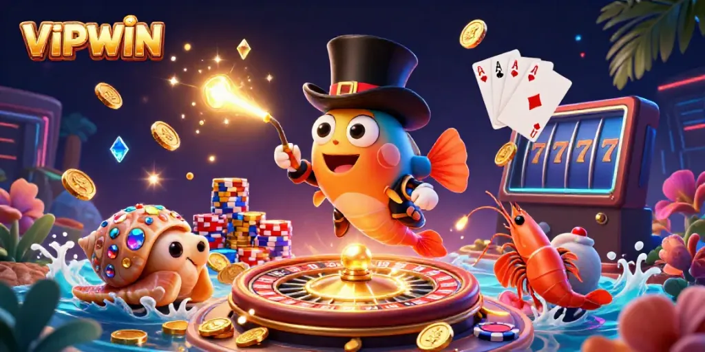 Engage with VIPWIN's thrilling world featuring treasure-laden characters and casino elements.