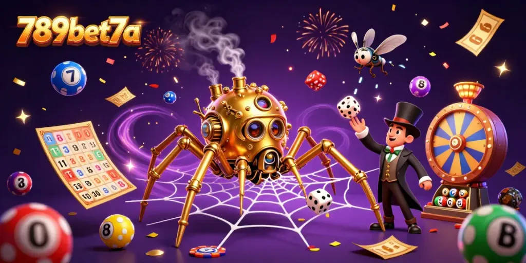 Engage with 789bet7a's vibrant casino world featuring a steampunk spider and dynamic lottery elements.