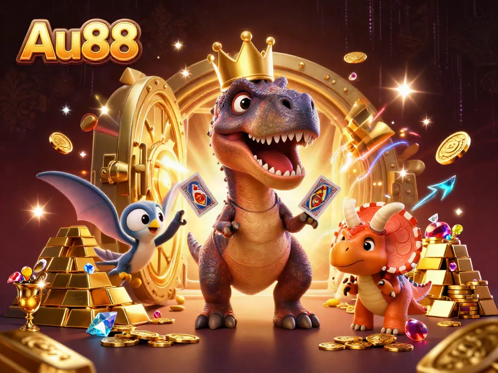 Win big with Au88 as a T-Rex shuffles cards while a baby triceratops stacks golden chips, all in a vivid casino scene.