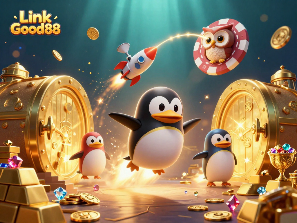 Join the excitement of Link Good88 with a golden penguin in a casino galaxy.