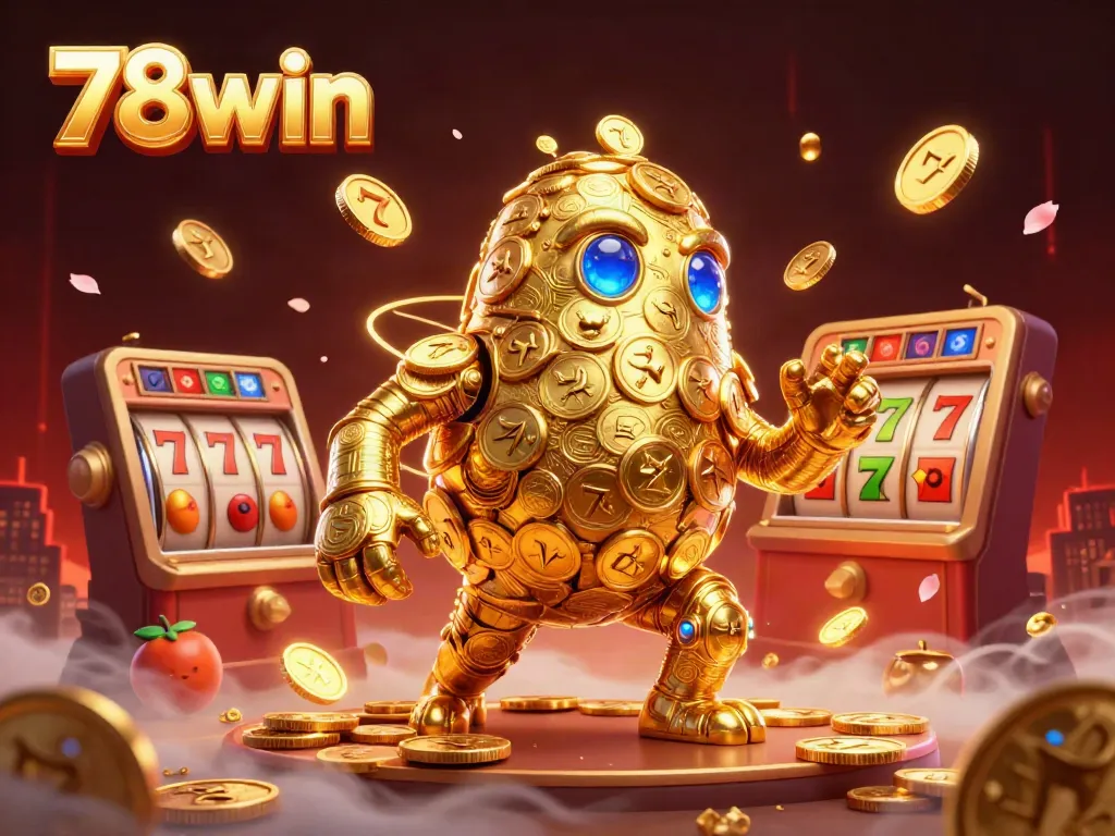 Play slots with the enchanting 78win golem surrounded by vibrant casino symbols and festive elements.