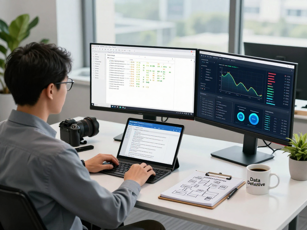 Data analyst performing document fraud detection analysis in a modern office environment, showcasing real-time analytics and AI technology.