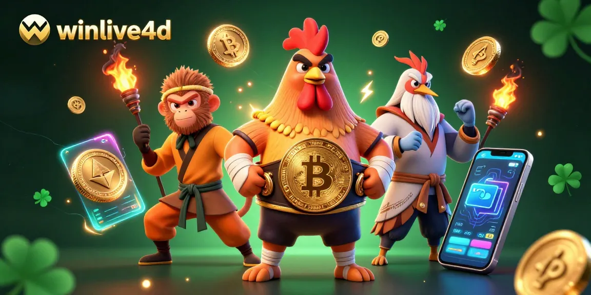 Winlive4D revolutionizes gambling with a dynamic 3D illustration featuring martial artists and crypto elements.