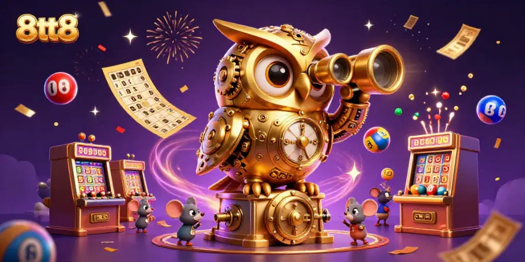 Spin the luck with 8tt8 featuring a magical casino scene full of vibrant elements.