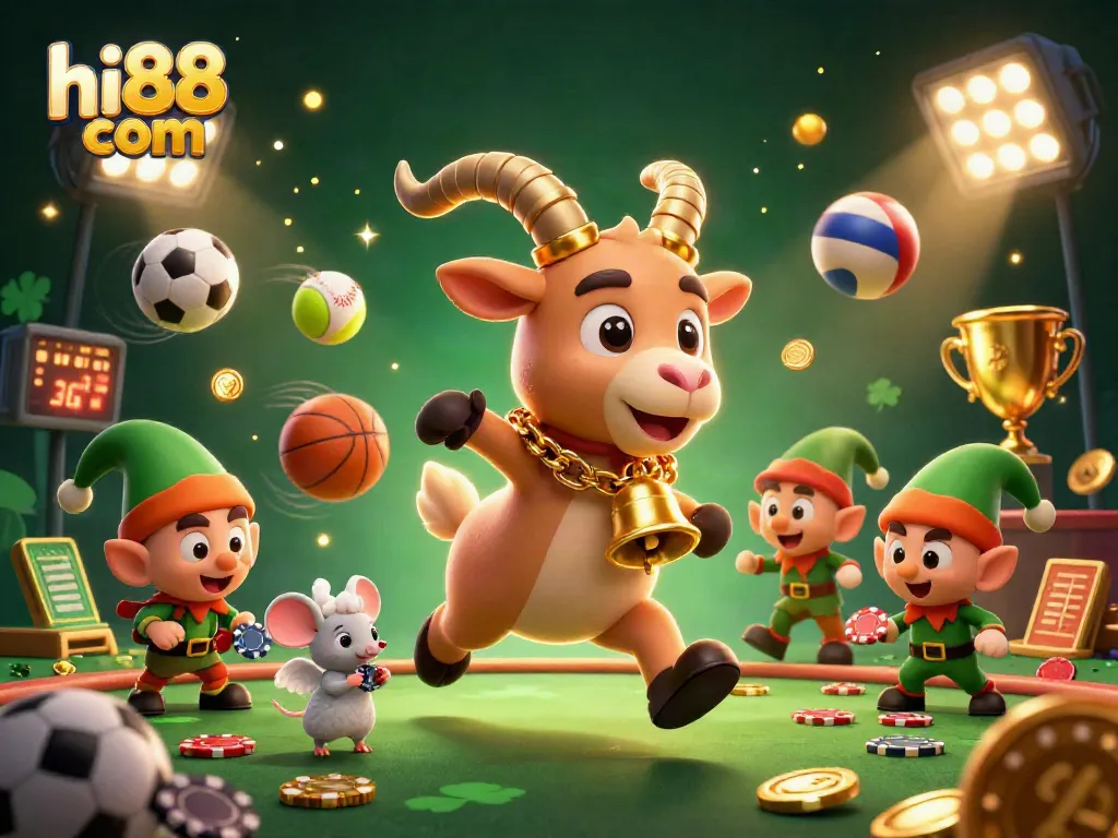 Play exciting games at hi88 com while a Krampus goat and angel mouse manage a chaotic casino scene.